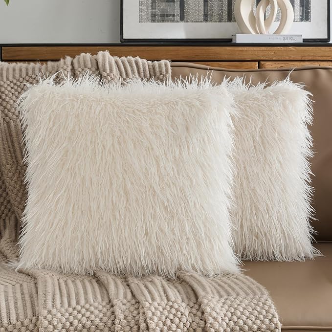 FUTEI Pack of 2 Shaggy Mongolian Faux Wool Throw Pillow Covers 18x18 Inch Soft Fluffy Farmhouse Decorative Cushion Case for Couch Bed Living Room, Cream White