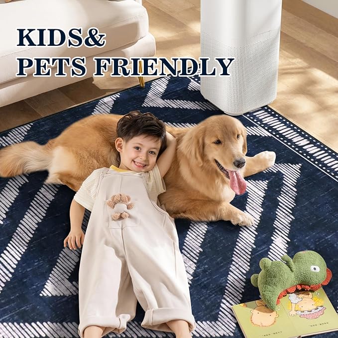 8x10Ft Boho Washable Area Rugs for Living Room, Navy Blue Thin Kids Nursery Bedroom Rugs Non Slip, Moroccan Soft Dining Room Area Floor Carpets for Playroom Kitchen Home Office Decor