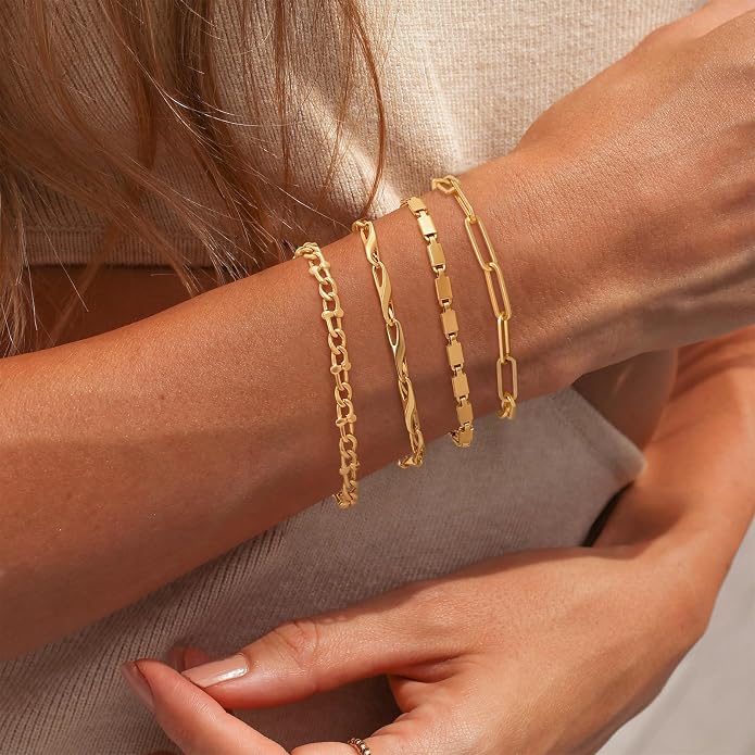 Dremmy Studios Gold Bracelet for Women 18K Gold Plated Dainty Paperclip Cubic Zirconia Disc Coin Star Cable Satellite Bead Pearl Simple Boho Minimalist Stacking Layered Link Jewelry Gift