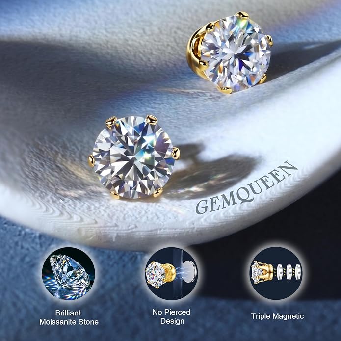 GEMQUEEN Moissanite Magnetic Earrings for Men Women : 18K White Gold Plated Hypoallergenic Stainless Steel Non Piercing Clip on Fake Earrings Studs Dainty Moissanite Earring Jewelry D Color VVS1