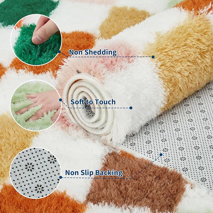 Garvee Large Area Rugs 10x13 Plush Fuzzy Rugs for Living Room,Colorful Checkered Rug Shag Rug for Bedroom, Modern Plush Soft High Pile Upgrade Non-Slip Carpet for Kids Girls and Boys Room Decor