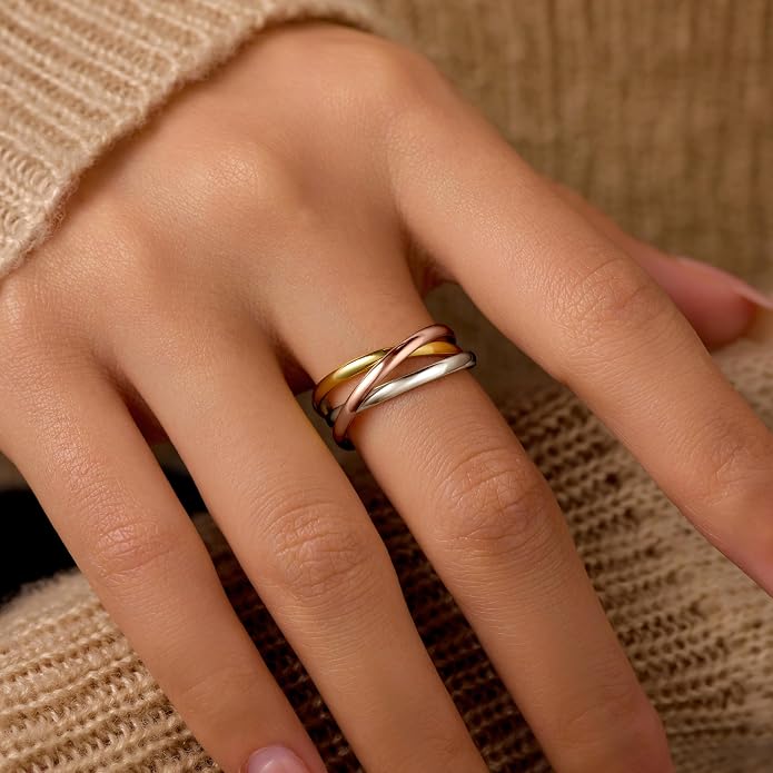14K Gold Plated Interlocking Fidget Anxiety Ring 925 Sterling Silver Stackble Rings for Women Men Rolling Triple Spinner Ring Minimalist Trendy Knuckle Rings Jewelry Birthday Graduation Gifts