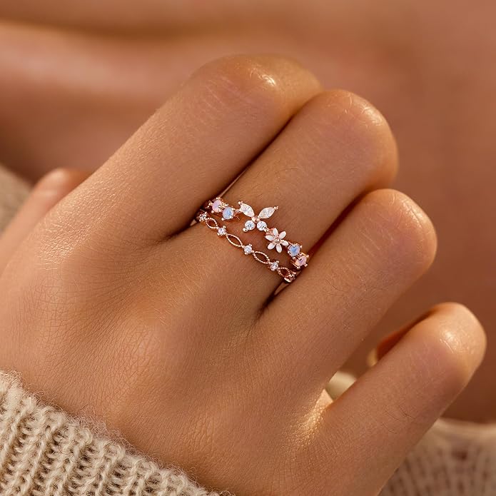 LOVECOM 925 Sterling Silver Butterfly Daisy Flower Rings for Women Mothers Self Love Ring for Myself Adjustable Gold Layered Colorful Opal Cubic Zirconia Stackable Ring Jewelry Gifts to Daughter