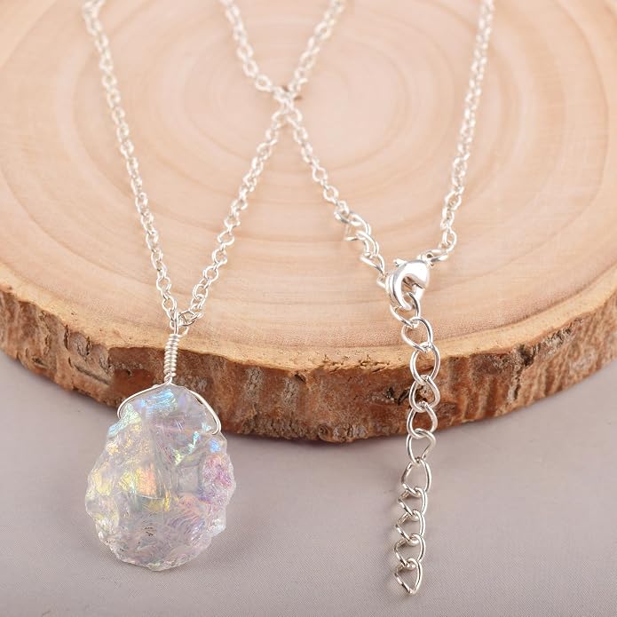 Natural Angel Aura Quartz Crystals Pendant Necklace, Cabochon Gemstone, Energy Healing Crystals, Birthday, Gift for Her, Gemstone Jewelry 18 inch AAA+ Quality