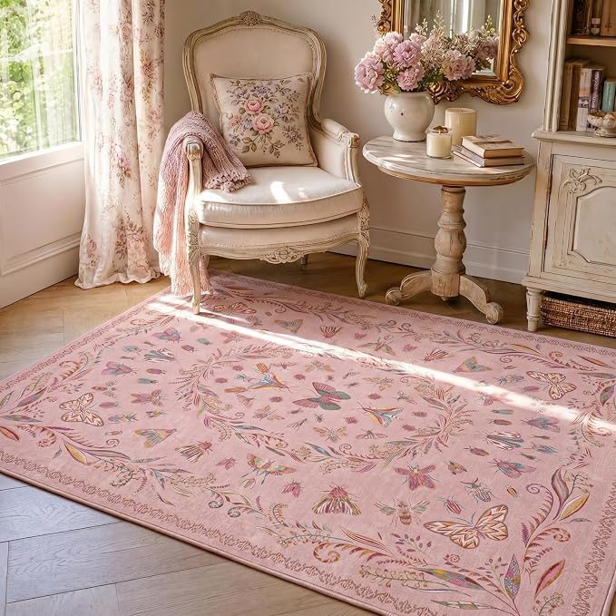 Lunasun 3x5 Washable Non-Slip Bathroom Rug, Colorful Insect Rug for Kids Room - Ultra Soft Low Pile Cottagecore Butterfly & Beetle Pattern for Nature-Inspired Home Décor