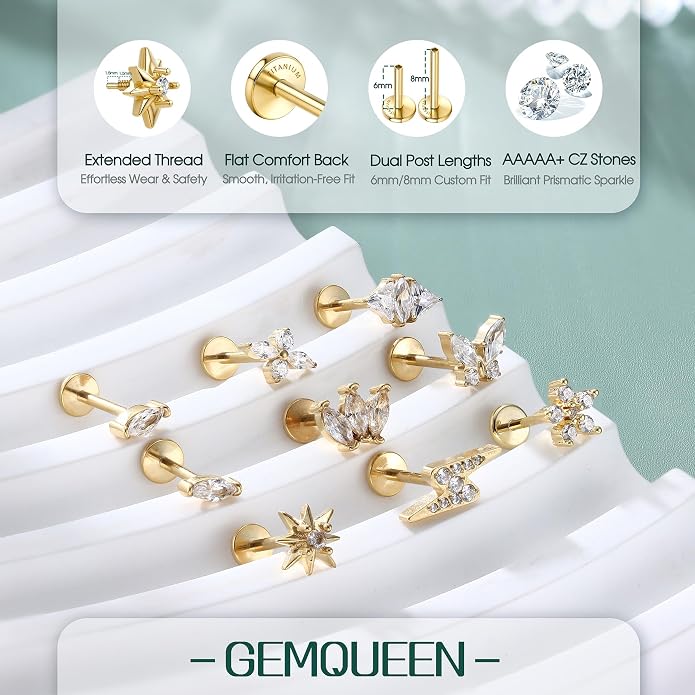 GEMQUEEN G23 Implant Grade Titanium 18G Internally Threaded Flat Back Earrings 5A CZ Studs: 14K Gold Hypoallergenic 3 Pcs Tragus Cartilage Conch Helix Piercing Jewelry for Sensitive Ears Women Men