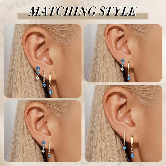 Angelady Opal Earrings Set for Women, Hypoallergenic S925 Sun Stud Earring for Sensitive Ears, Dainty Hoop Huggie Silver Opal Dangle Earring Stacks, Blue Earrings for Women Trendy 2025
