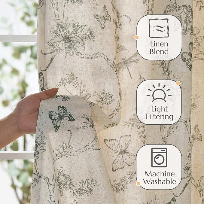 jinchan Grey Floral Linen Curtains Lined 96 Inch Vintage Back Tab 2 Panels | Privacy lining, light filtering drapes, cottagecore, french country, farmhouse, bedroom, living room, window treatment