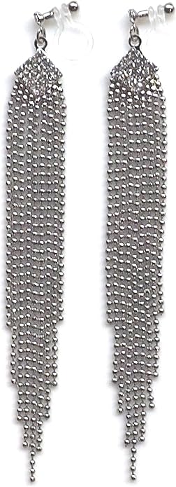 Dangle Silver Invisible Clip On Earrings for Women Not Pierced Gold Crystal Rhinestone Comfortable Hoop Fringe Long Chain Clip On Earrings