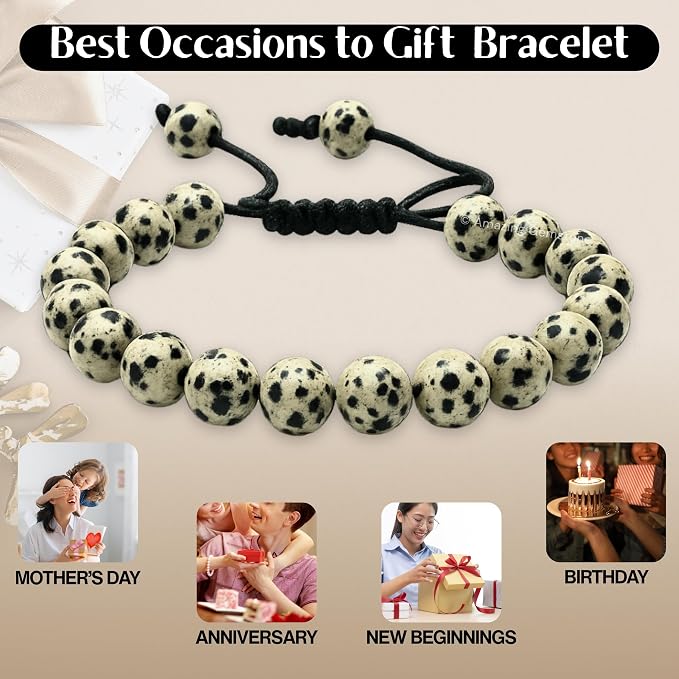 Amazing Gemstone Dalmatian Jasper Bracelet, Gifts for Men & Women - Protection Healing Crystal Bracelet - 8mm Gemstone Beaded Adjustable Bracelet, Pulseras para Hombres Mujer Stocking Stuffers