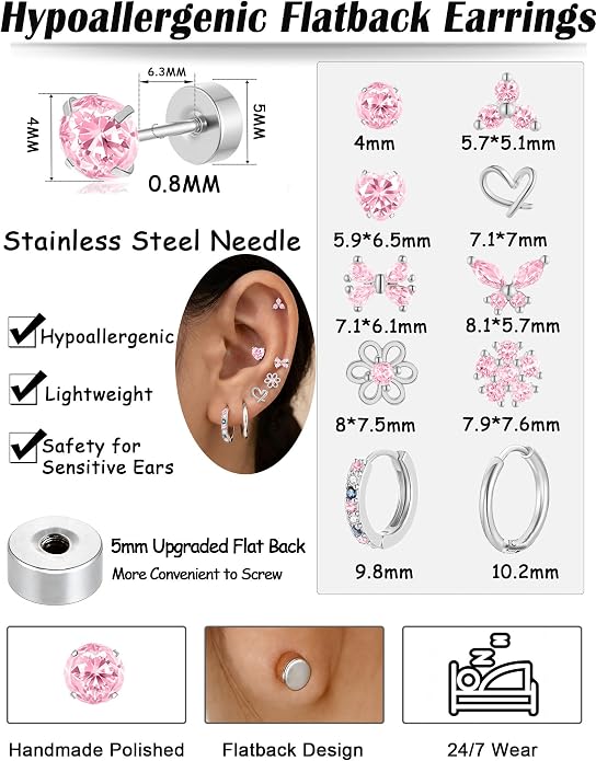 AKEOQI 10 Pairs Hypoallergenic Flat Back Earrings Gold Silver Plated Surgical Steel Small Stud Huggie Hoop Earring for Women Butterfly Flower Heart Bow Pink CZ Stack Cartilage Earrings Set 20G 10 MM