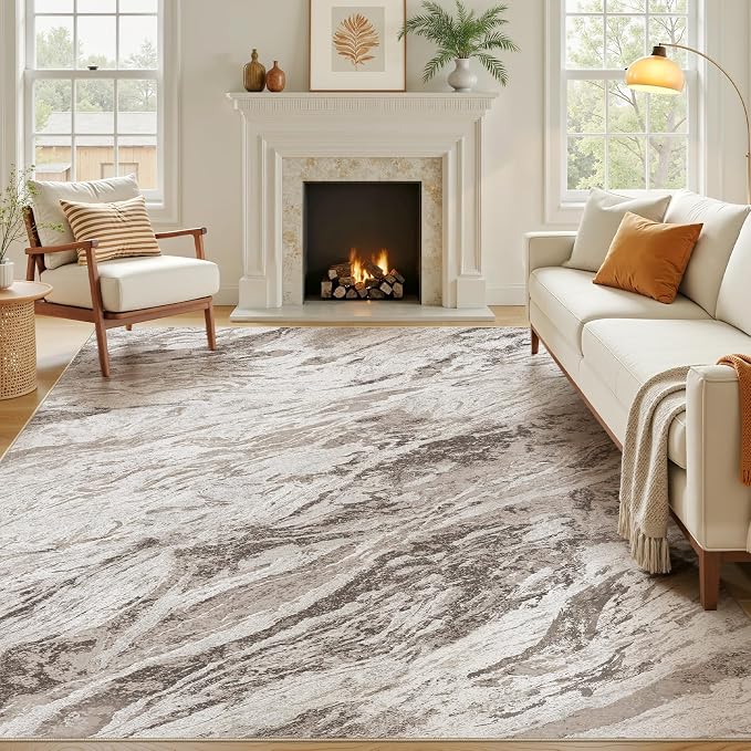 Area Rugs for Living Room: 7X9 Abstract Washable Rug Modern Neutral Large Soft Stain Resistant Non-Slip for Bedroom Dining Room Indoor Home Office Carpet - Brown