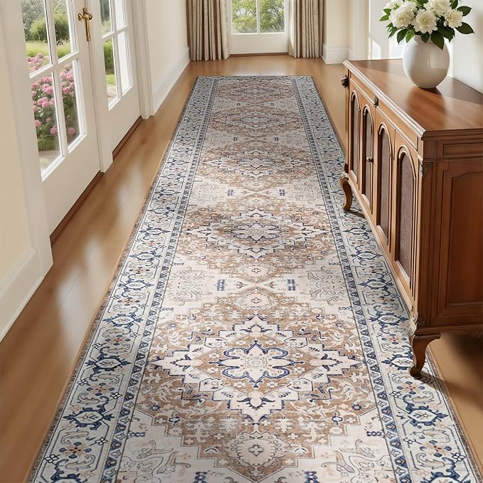 Lofus 2'6"x14' Runner Rug for Hallways, Washable Kitchen Rugs, Non-Slip Rugs for Entryway and Bedroom, Vintage Boho Carpet, Soft Low Pile Long Runner Area Rug, Floral Brown