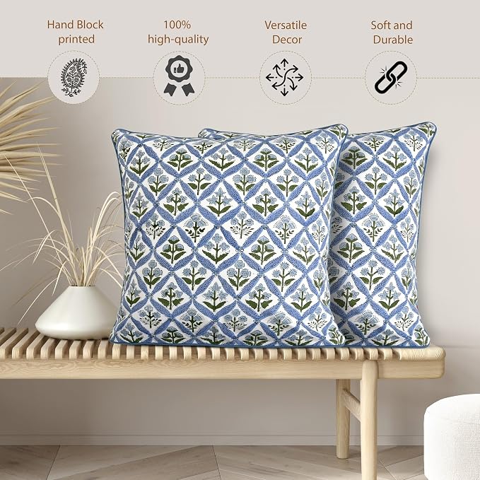 Ridhi Block Print Light Steel Blue Pillow Cover 16" x 16" (Pack of 2) Decorative Couch Pillows for Living Room, Chic Boho Cute Outdoor Pillows Covers Gifts for Spring, Easter and Valentine