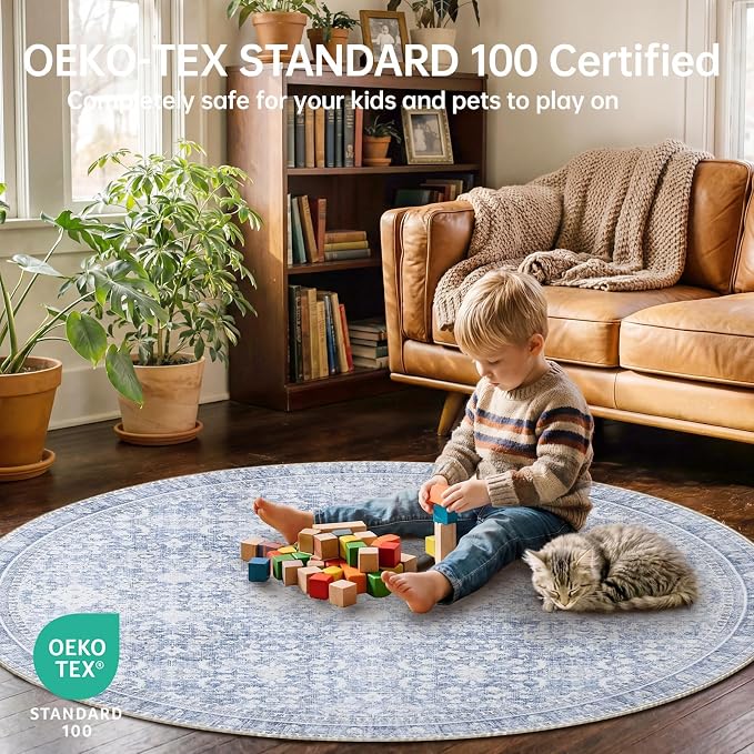 Sasttie Round Rug 4ft, Ultra-Soft Washable Circle Rug, Low Pile Foldable Thin Rugs with Non-Slip Backing, Skin-Friendly Stain Resistant Carpet for Living Room, Bedroom, Kitchen, Dorm, 4ft, Light Blue