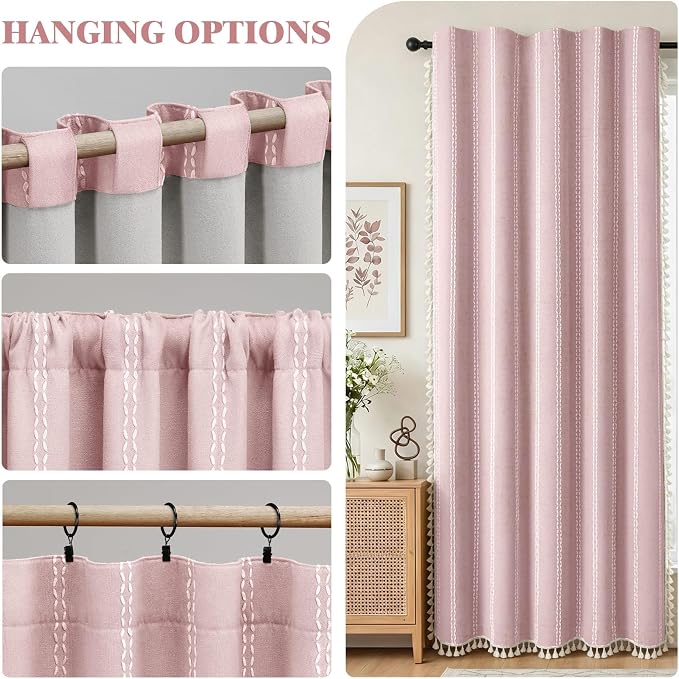 Pink Boho Blackout Curtains 2 Panels 84 Inch for Living Room Bedroom, Linen Texture Farmhouse Curtains with Tassels and White Cotton Embroidery Vintage Rustic Country Western
