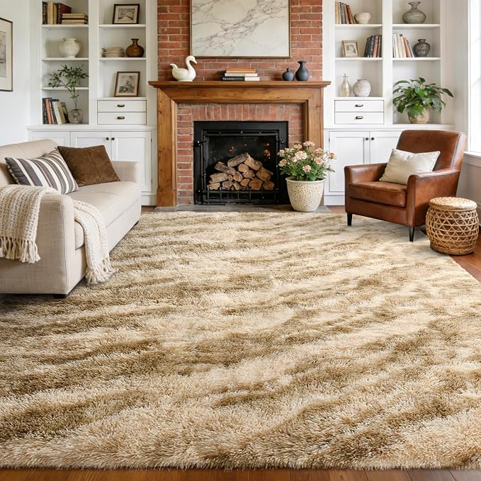 Large Shaggy 6x9 Area Rugs for Living Room Decor, Non-Slip Tie-Dyed Rugs for Bedroom Kids Playroom Dorm Room, High Pile Ultra Soft Carpet, Khaki