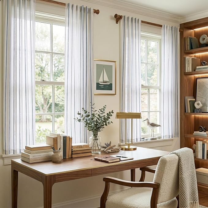 Vangao Striped Curtains Blue on White Semi Sheer Curtains 63 Inches Long for Bedroom Living Room Modern Farmhouse Linen Textured Light Filtering Drapes 2 Panels Blue W50 x L63 Inch