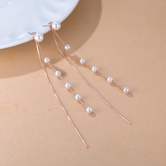 SLUYNZ Solid 925 Sterling Silver Simulated Shell Pearl Dangle Earrings Chain for Women Teens Elegant Long Dangle Earrings Tassel Wedding Bridal Earrings Prom Party Engagement Jewelry