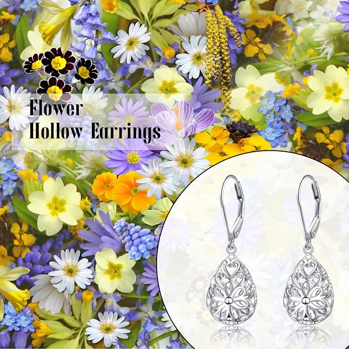 925 Sterling Silver Filigree Dangle Drop Earrings Daisy/Lotus/Rose Flower/Moonstone Leverback Teardrop Earrings for Women Infinity Celtic Knot Daisy Lotus Jewelry for Mothers Day