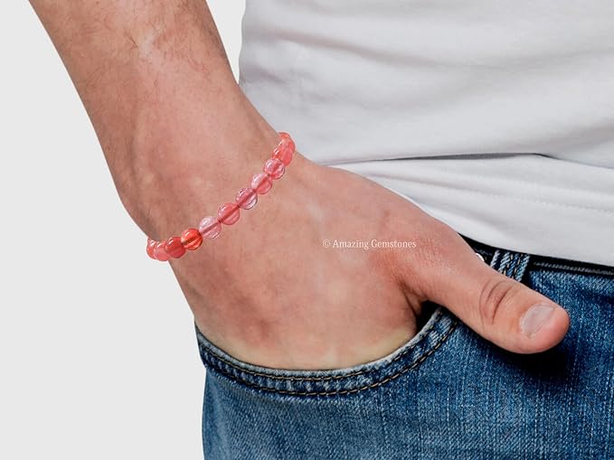 Amazing Gemstone Cherry Quartz Bracelet, Gifts for Men & Women - Protection Healing Crystal Bracelet - 8mm Gemstone Beaded Adjustable Bracelet, Pulseras para Hombres Mujer Stocking Stuffers