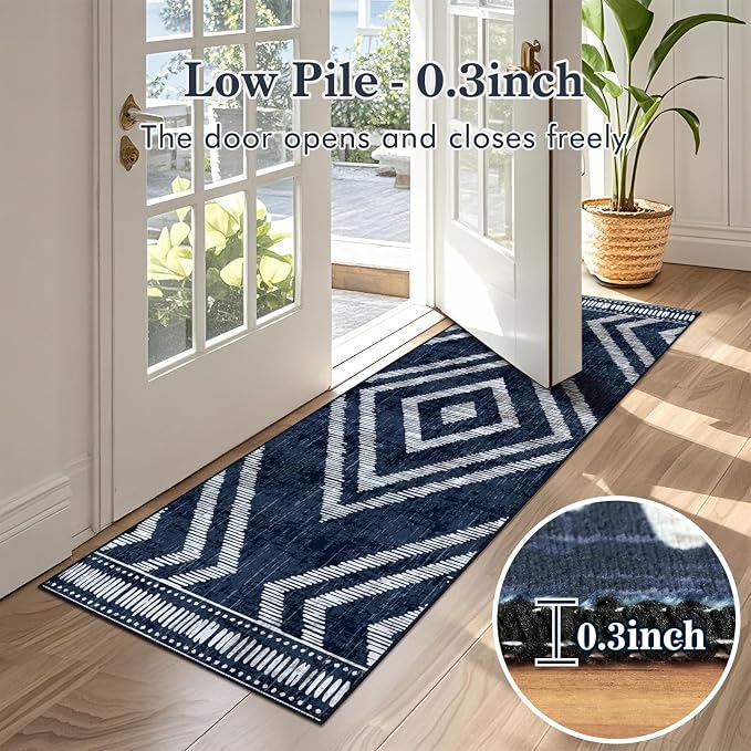 Boho Runner Rugs for Hallway 2x6ft Non Slip, Navy Blue Washable Kitchen Rug Runner, Soft Moroccan Low Pile Geometric Farmhouse Laundry Floor Carpet for Entryway Bedroom Bathroom