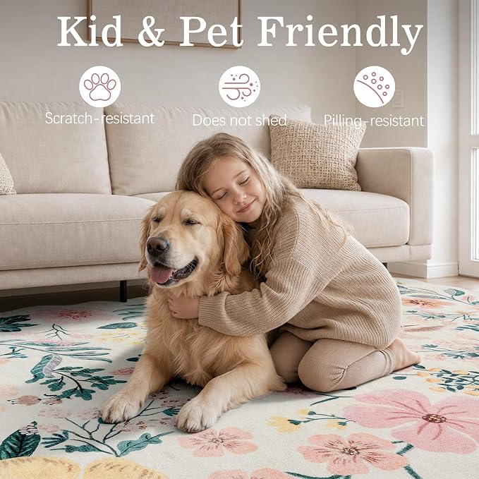 DCX Pink Floral Rug 3x5, Washable Pink Rug for Living Room, Kid & Pet Friendly with Rubber Back Non Slip, Soft Low Pile Carpet, Stain Resistant Rug for Bedroom, Nursery, Dining Room