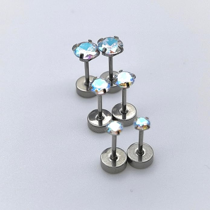 Titanium Earrings for Women Stud Earrings Cubic Zirconia Dainty Screw Flat Back Hypoallergenic Earrings for Women for Multiple Cartilage Helix Conch Tragus Piercing Jewelry for Sensitive Ears