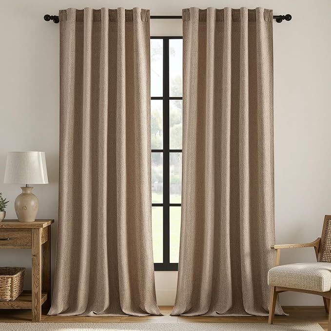 MIULEE Thick Linen Curtains, 42Wx90L, Brown Tan Semi Sheer Linen Textured | Light Filtering Window Privacy Drapes with Back Tab Rod Pocket for Farmhouse/Living Room/Bedroom, Set of 2