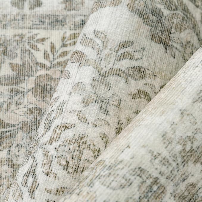 PureCozy 4x5 Area Rug Beige Washable Office Vintage Distressed Carpet Bedroom Indoor Neutral Medallion Floral Living Room Non Slip Retro Throw Floor Mat for Dining Room Kitchen Bathroom