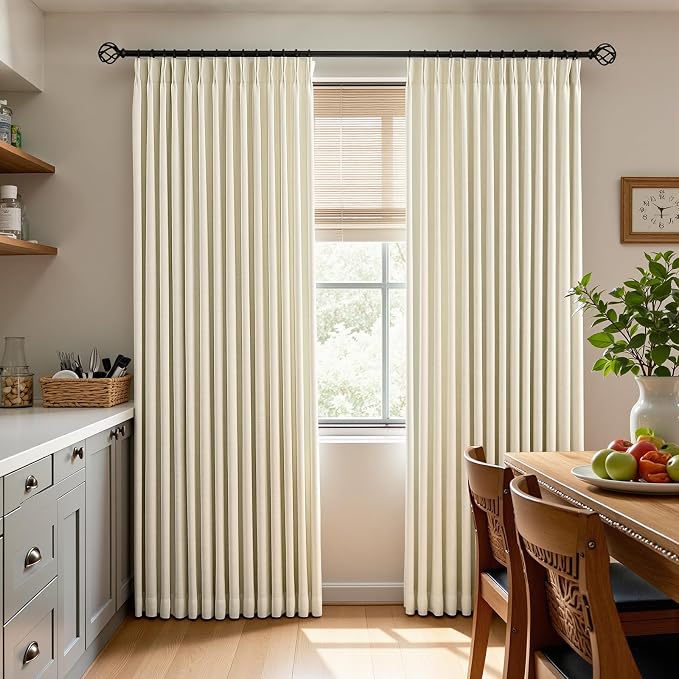Cream Beige Pinch Pleated Full Blackout Linen Curtains for Bedroom, Black Out Curtains 90 Inches 1 Panel for Living Room Darkening Thermal Insulated Neutral Pleat Drapes with 12 Hooks, 60''Wx90''L