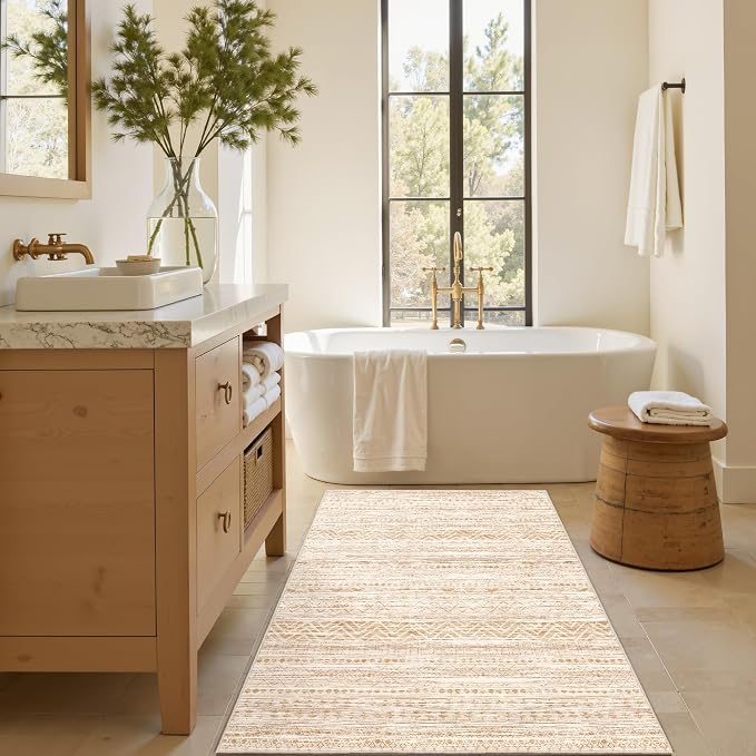 3x5 Washable Rug Moroccan Small Entryway Rug Non Slip Indoor Floor Carpet Foldable Thin Rugs for Kitchen Bedroom with Low Pile(Beige,3'x5')