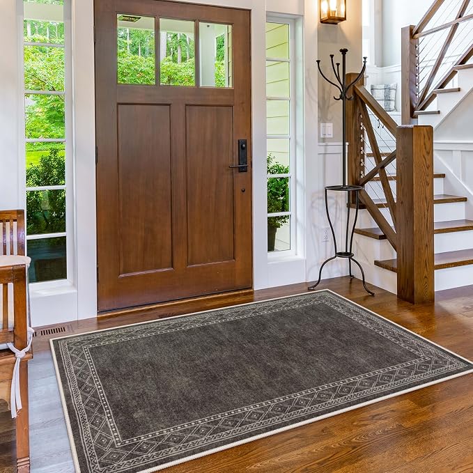 Lahome Modern Bordered Machine Washable Rug, Ultra-Thin Soft 3x5 Rugs for Entryway Bedroom, Non-Slip Stain Resistant Small Carpet for Laundry Entry（3'x 5',Brown