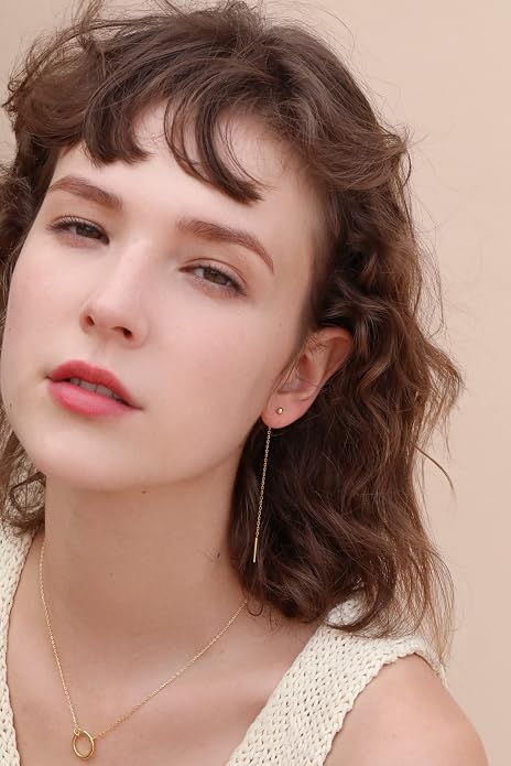 S.Leaf Threader Earrings for Women 925 Sterling Silver Gold Plated Hypoallergenic Backless Ardant Chain Duster Tassel Drop Double Piercing Pull Through Earrings for Women Trendy