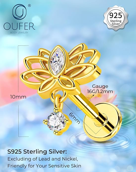 OUFER Silver Flat Back Earrings-16G Gold Forward Helix Piercing Jewelry, Internal Thread Clear CZ Pendant Helix Cartilage Tragus Conch Lobe Piercing Jewelry