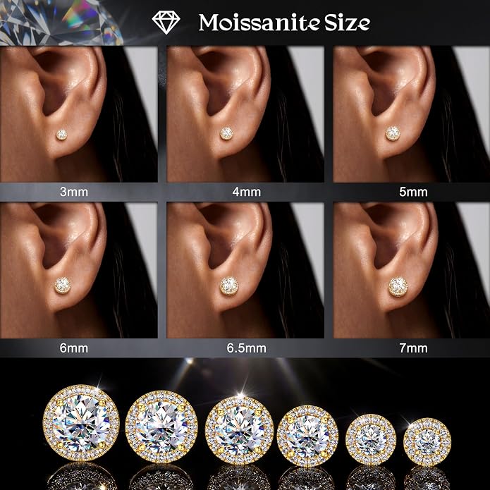 Moissanite Stud Earrings with Flat Back - 925 Sterling Silver D Color VVS1 Moissanite Earring for Women Men,14K White Gold Plated Brilliant Halo Stud Earrings Hypoallergenic Jewelry for Sensitive Ear