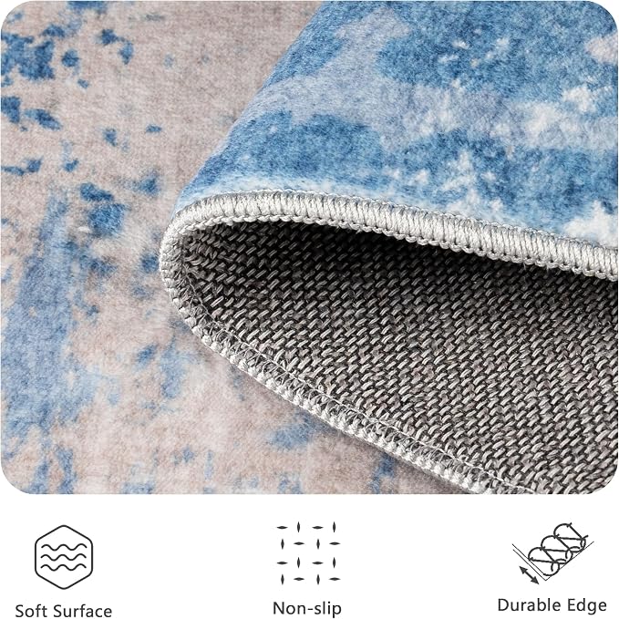 5x7 Rugs for Living Room - Modern Abstract Washable Rug, Ultra Soft Non Slip Low Pile Large Rugs, Floor Carpet for Bedroom Dining Room Office Laundry Nursery Home(Blue & Beige)
