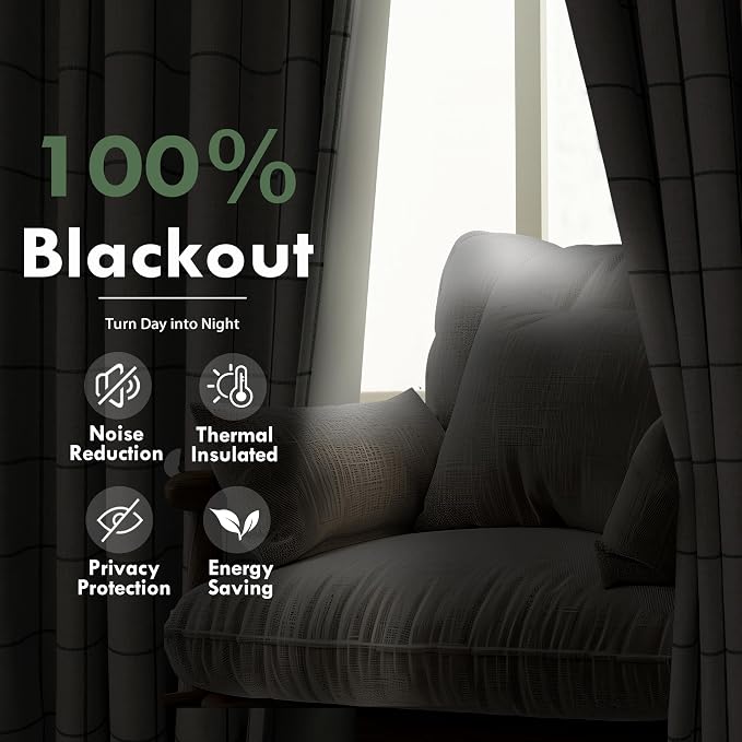DriftAway 100% Blackout Plaid Linen Curtains W52xL63 Loden Green | 100% Blackout, Linen Texture, Plaid Pattern, Two Layers, Rod Pocket & Back Tab, Bedroom Living Room Use, Luxury Appearance