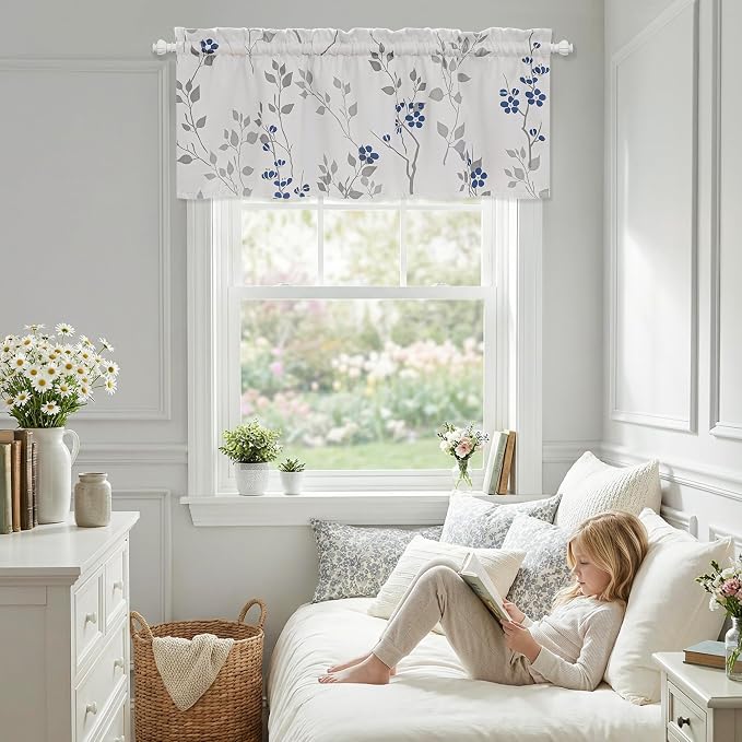 Beauoop Floral Valance Curtains for Kitchen Blue Grey 52X18 Inch 1 Panel | Flower Patterned Blue White Blackout Short Curtains for Living Room Bedroom Cafe Thermal Small Window Curtains Rod Pocket