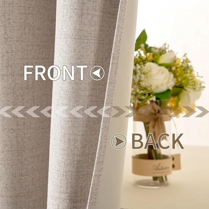 MIULEE 100% Blackout Linen Textured Curtains for Bedroom 112 Inches Extra Long Thermal Insulated Natural Beige Grommet Room Darkening Curtains & Drapes Luxury for Living Room (2 Panels)