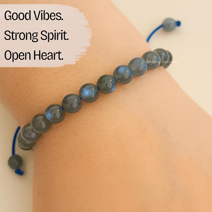Amazing Gemstone Labradorite Bracelet, Gifts for Men & Women - Protection Healing Crystal Bracelet - 8mm Gemstone Beaded Adjustable Bracelet, Pulseras para Hombres Mujer Stocking Stuffers
