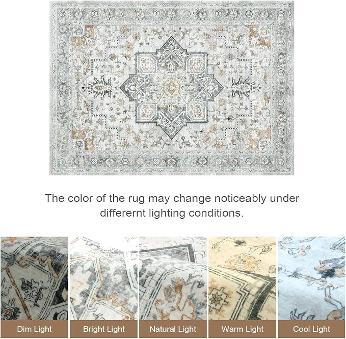 Lofus 5x7 Washable Rugs Non-Slip, Vintage Floral Area Rug for Living Room Bedroom Dining Room Kitchen, Low Pile Distress Print Carpet Home Decor Rug, Octagram Medallion Grey Beige