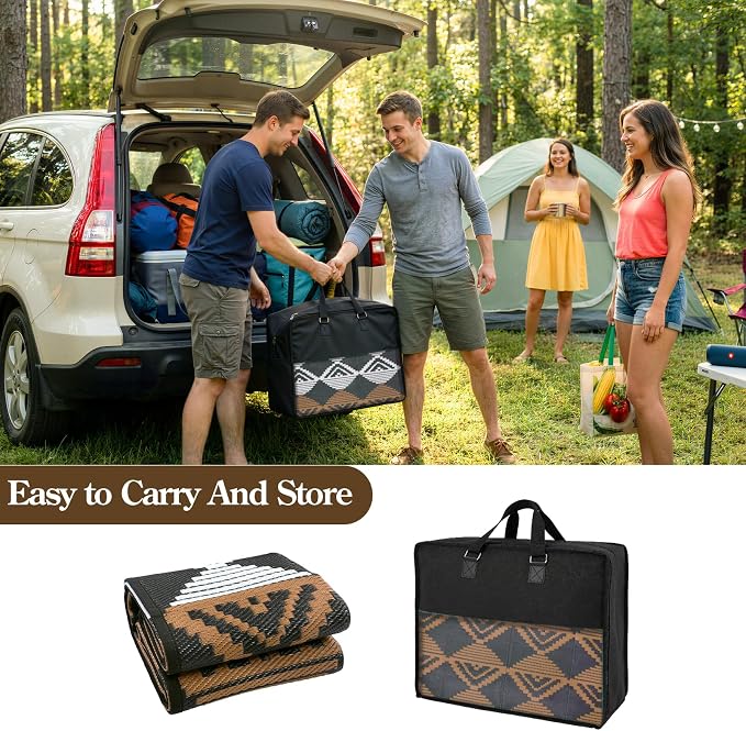 Beeiva RV Outdoor Rug 6x9 Waterproof for Camping, Reversible Plastic Straw Rug for Camper, Porch, Balcony, Foldable Outdoor Mat Black Brown
