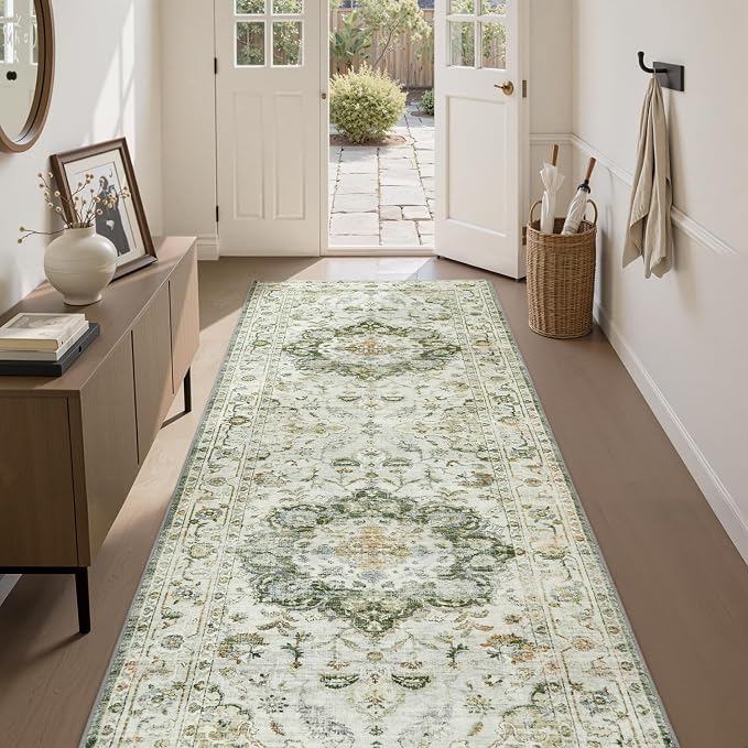 PADOOR 2X10 Runner Rug,Runners for Hallways,Soft Green Washable Bedside Rugs for Bedroom,Non Slip Long Rug for Hallways Entryway Laundry Room Stair Kitchen Bathroom