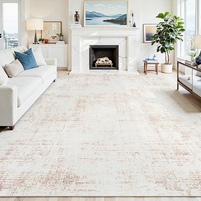 9x12 Area Rugs for Living Room Washable Rug: Anti-Skid Abstract Modern Living Room Rug Soft Thin Carpets Indoor Floor Non-Shedding Carpet for Bedroom Dining Farmhouse Nursery Home Office Beige White