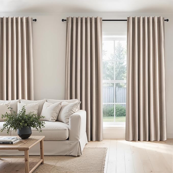 Natural Beige 95 inch bedroom living room curtains 2 Panels 100% Blackout Linen texture Curtain Drapes with Back Tab Rod Pocket Room darkening Thermal Insulated Curtains for Dining Sliding door 52x95