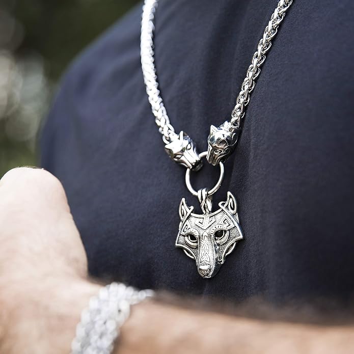 BAVIPOWER Viking Amulet Pendant with Big Wolf Head Chain Necklace 316L Stainless Steel Norse Scandinavian Necklace Authentic Viking