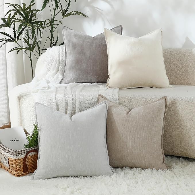 Stellhome Neutral Decorative Throw Pillow Covers Set of 4 Accent Solid Soft Textured Chenille Cushion Cover Rustic Farmhouse Pillow Case for Couch Sofa Bedroom Living Room (18x18 inch, Neutral)