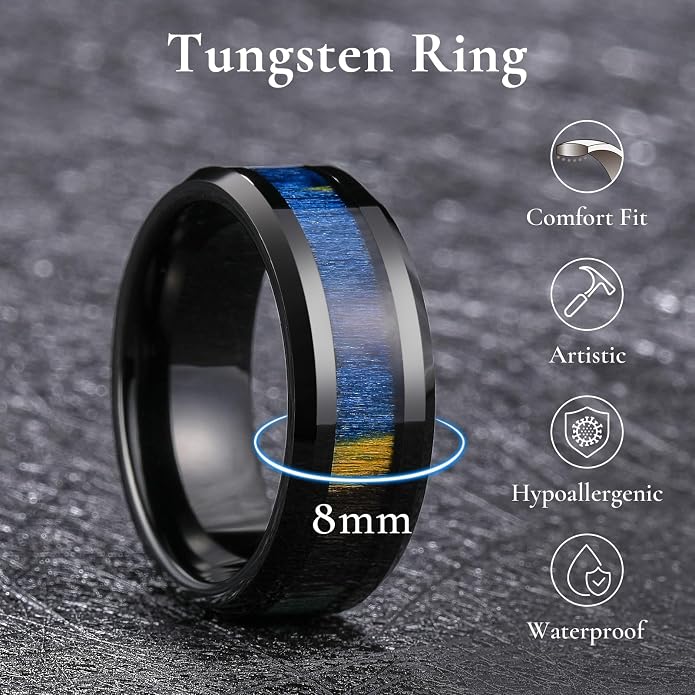 King Will Black Tungsten Wedding Band For Men, 8mm Promise Ring Inlay Red Twill Pattern/Colorful Wood Chips, High Polished Beveled Edge - Suitable For Daily Wear, Comfort Fit Size 7-14