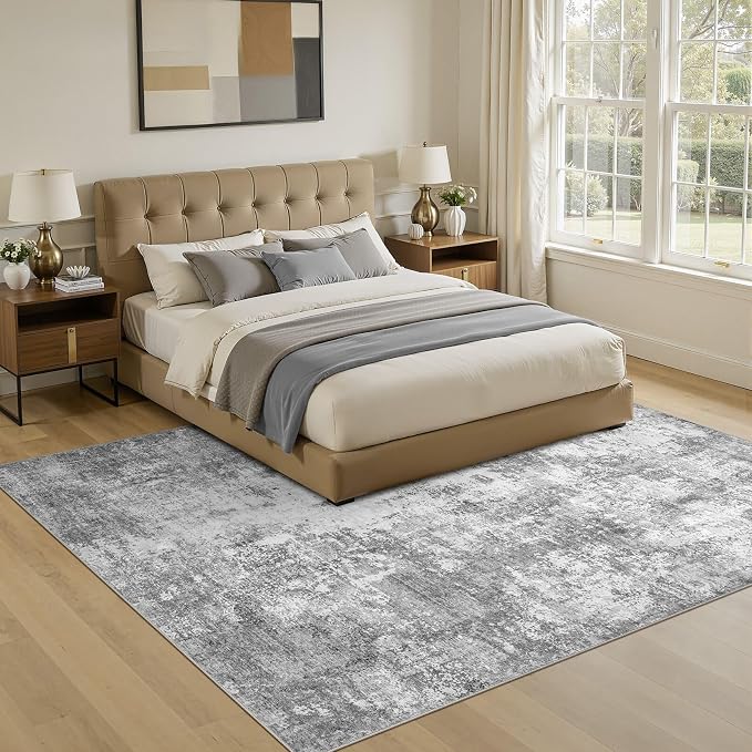 7x9 Area Rug, Non Slip Low Pile Washable Large Rug for Living Room | Soft Modern Abstract Carpet, Stain Resistant Kid & Pet Friendly, Made for Dining Room, Nursery, Home Office Indoor - Gray